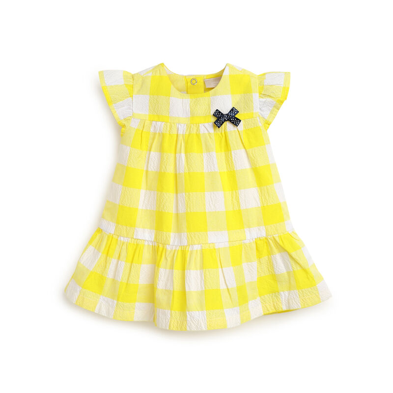 Girls White and Yellow Checkered Short Sleeve Dress image number null